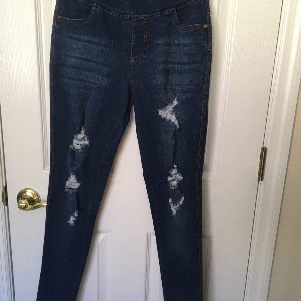 JVINI Pull On Flat Front Blue Denim Ripped Jeans Jegging